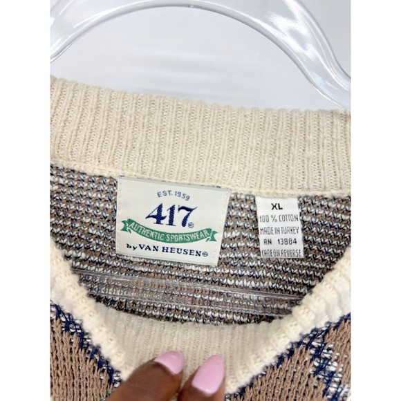 Vintage Van Heusen 417 Argyle 100% Cotton Sweater Size XL Grandpa Retro Academia - Picture 2 of 4